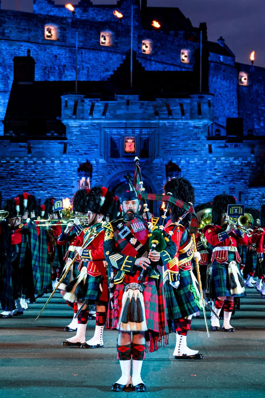 2SCOTS Pipe Major Joe Davies plays the bagpipes at The Royal Edinburgh Military Tattoo