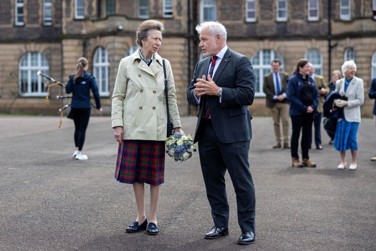 Her Royal Highness The Princess Royal speaks to the CEO of The Royal Edinburgh Military Tattoo Jason Barrett at the rehearsal in August 2026